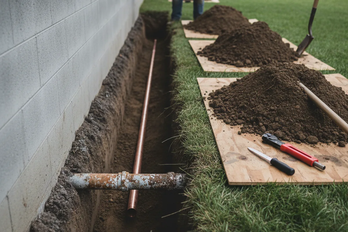 Excavated water line trench during Water Heater Repair in East Bend
